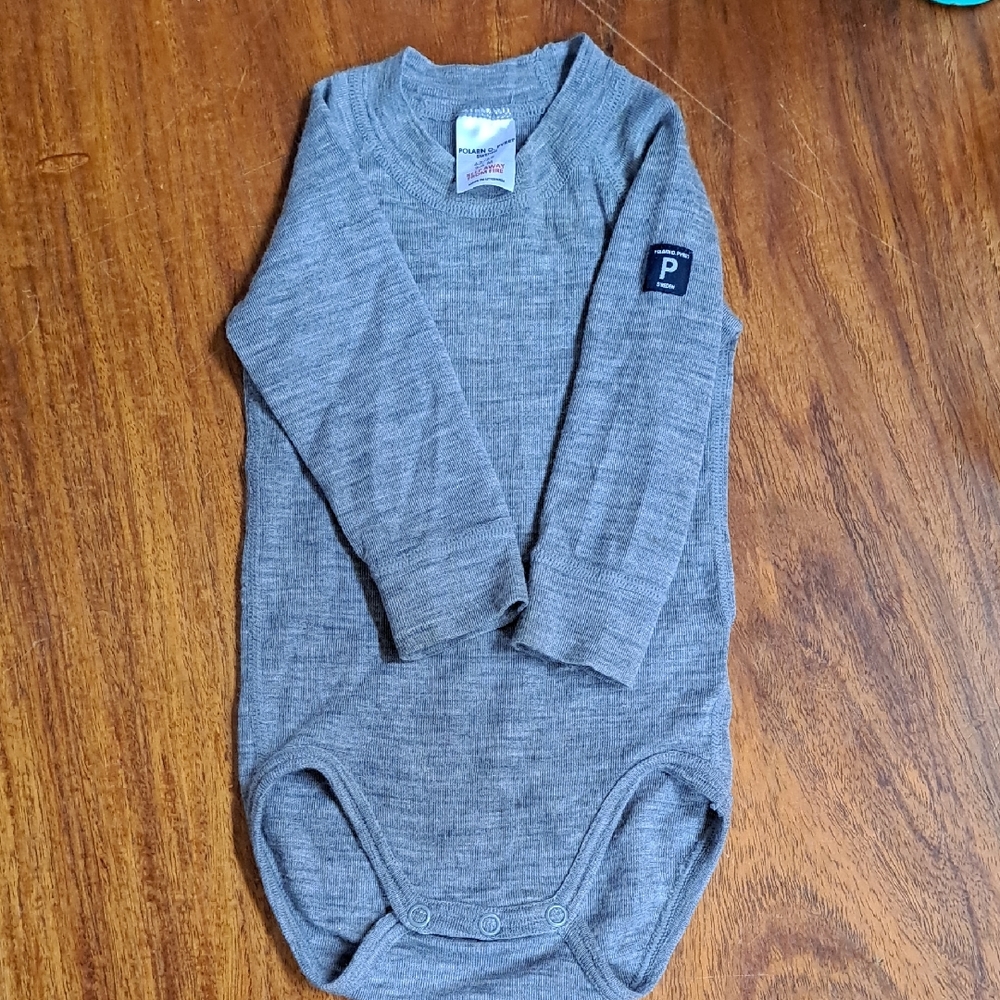 Polarn O. Pyret Heather Gray Long-Sleeve Merino Wool Baby One-Piece